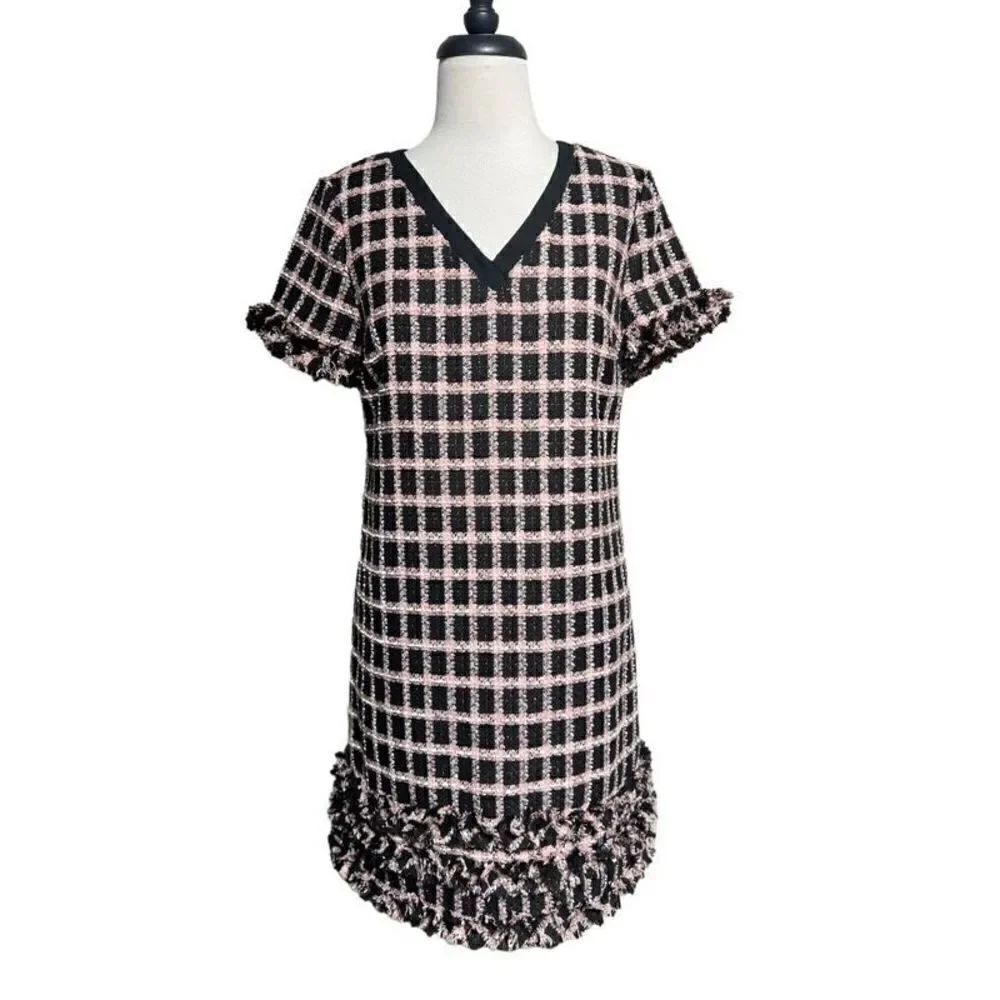 CeCe Short Sleeve Pink & Black Plaid Nubby Dress Size 2